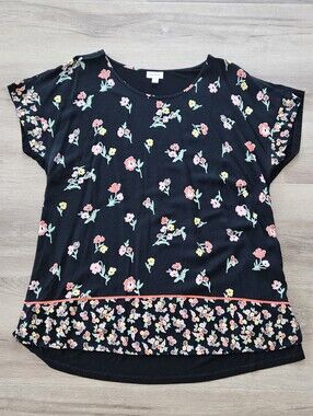 Avenue Black Floral Short-Sleeve Blouse Size 14/16